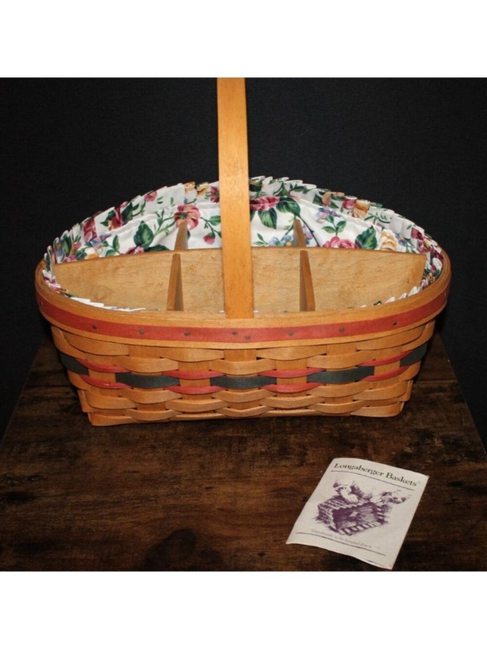 LONGABERGER 1993 Single Handle Basket With 6 Way Wood Divider Plus Fabric Liner